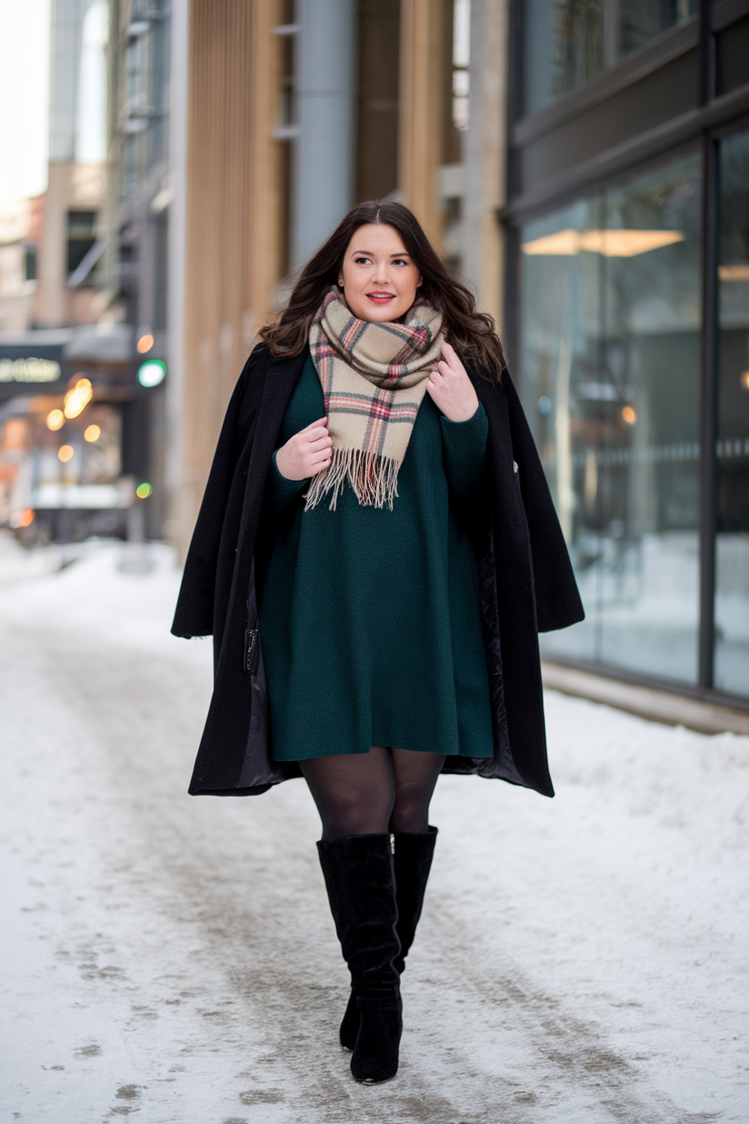 Black knee-high boots styled with a dark green sweater dress and black tights for a chic winter outfit.