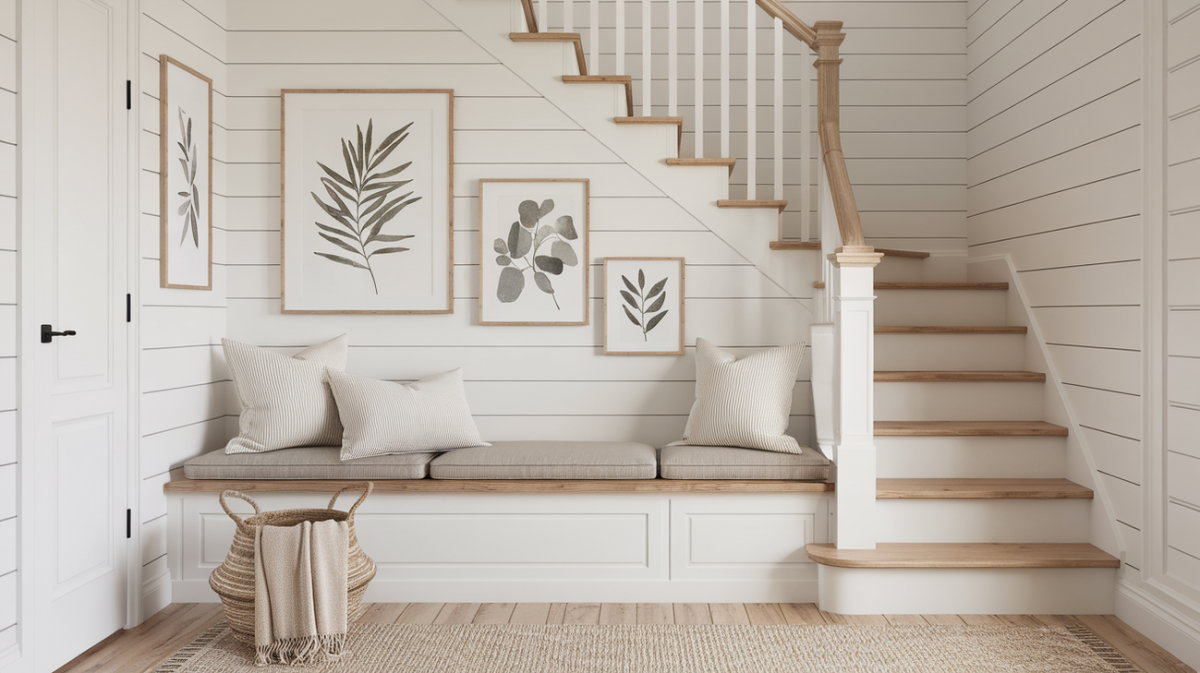 A stair landing with a wooden bench, neutral cushions, framed botanical prints above, and a woven basket with a folded blanket on the floor.