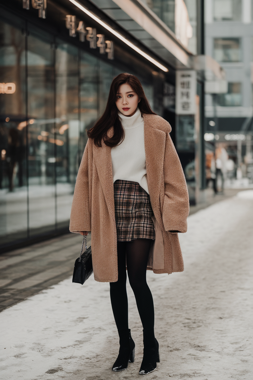 Black heeled ankle boots styled with a plaid mini skirt, beige teddy coat, and black tights for a trendy winter outfit.