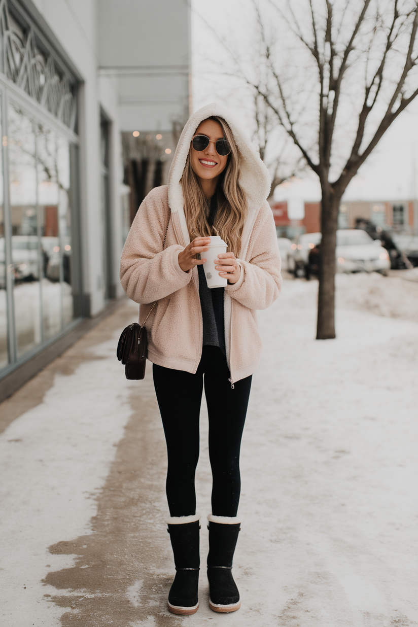 Black UGG boots styled with black leggings and a cream sherpa hoodie for a cozy winter outfit.