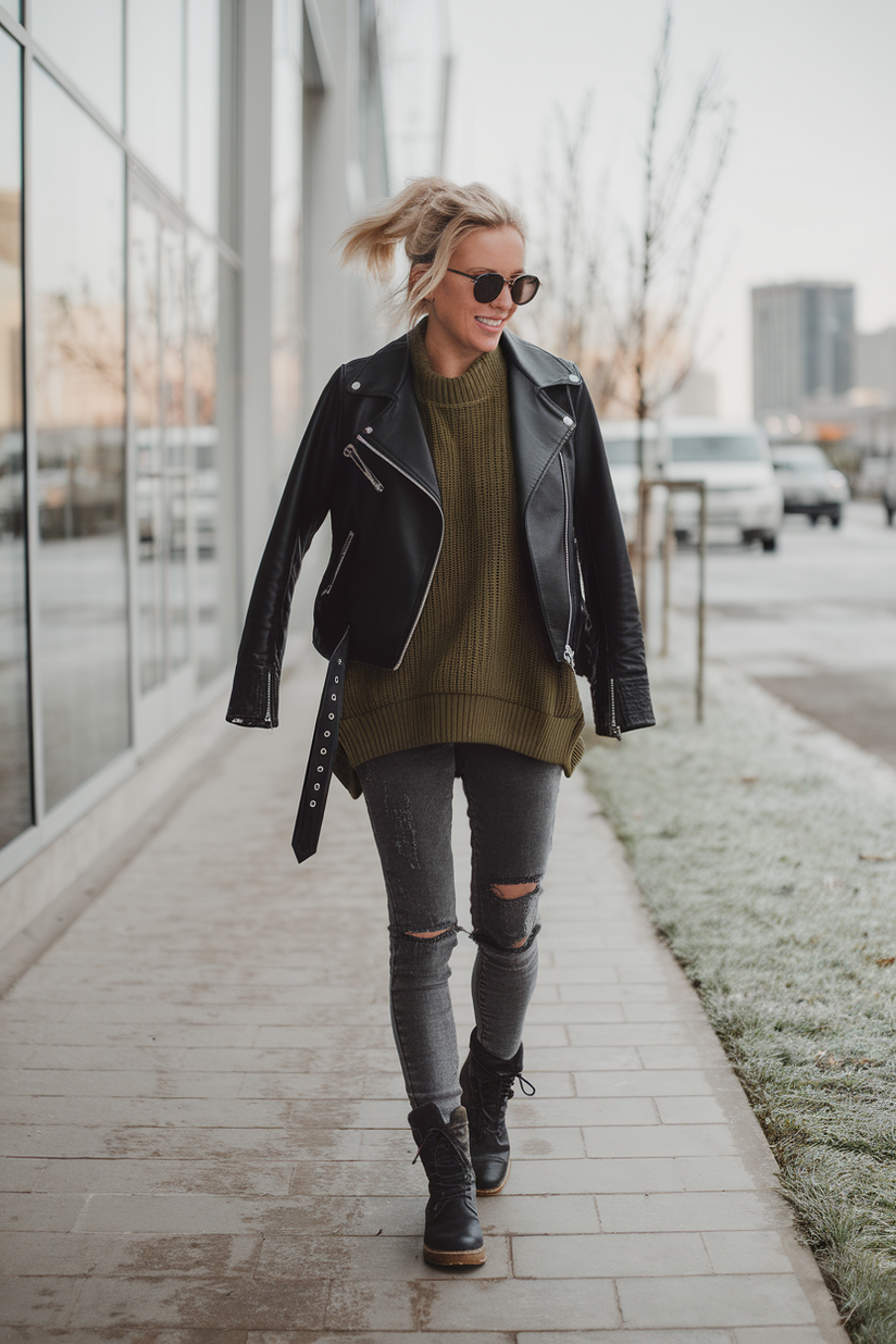 Black combat boots paired with distressed grey jeans, olive knit sweater, and a black biker jacket for winter styling.