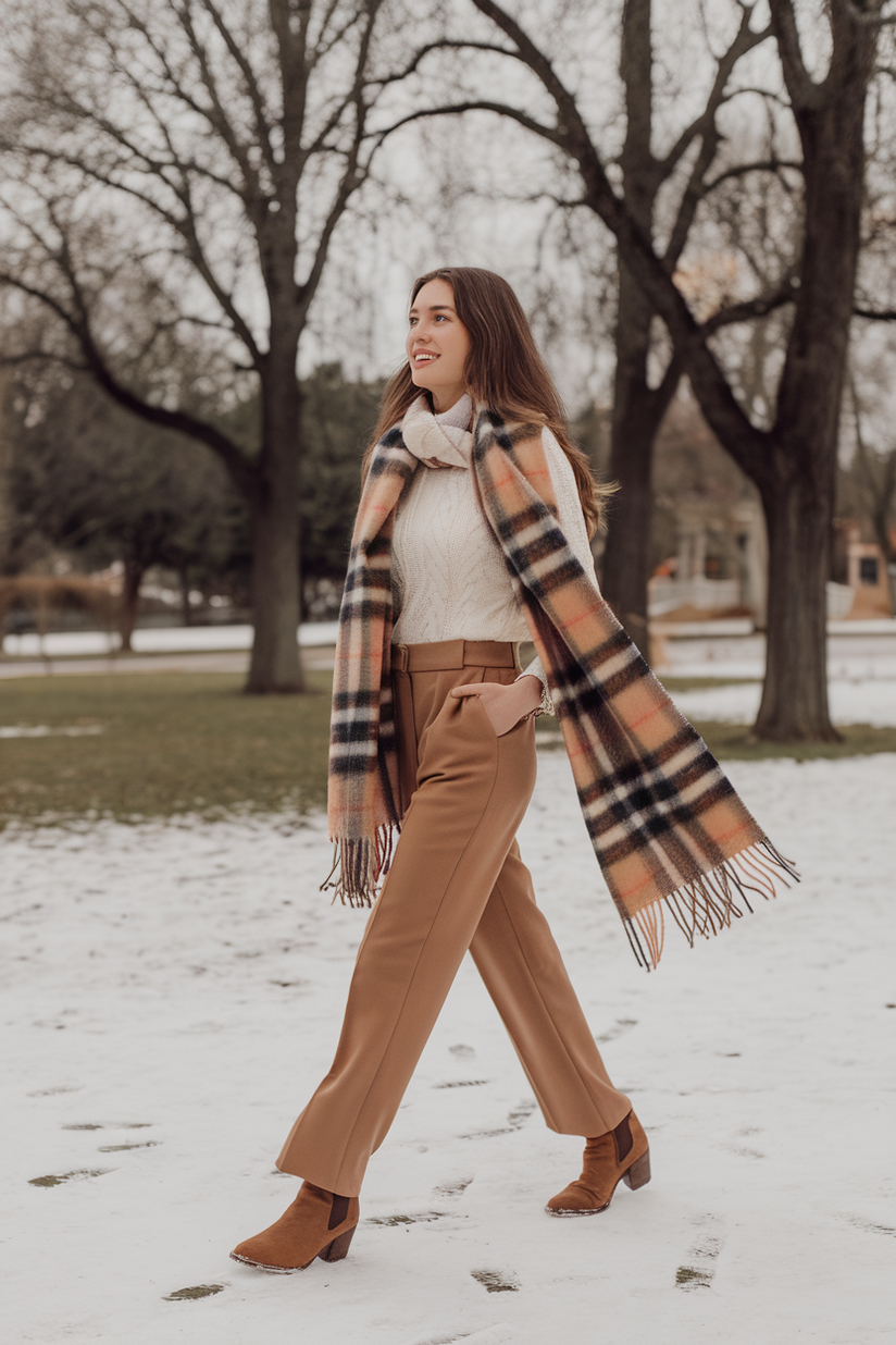 Camel wool trousers styled with a white sweater, plaid scarf, and brown ankle boots for a winter outfit.