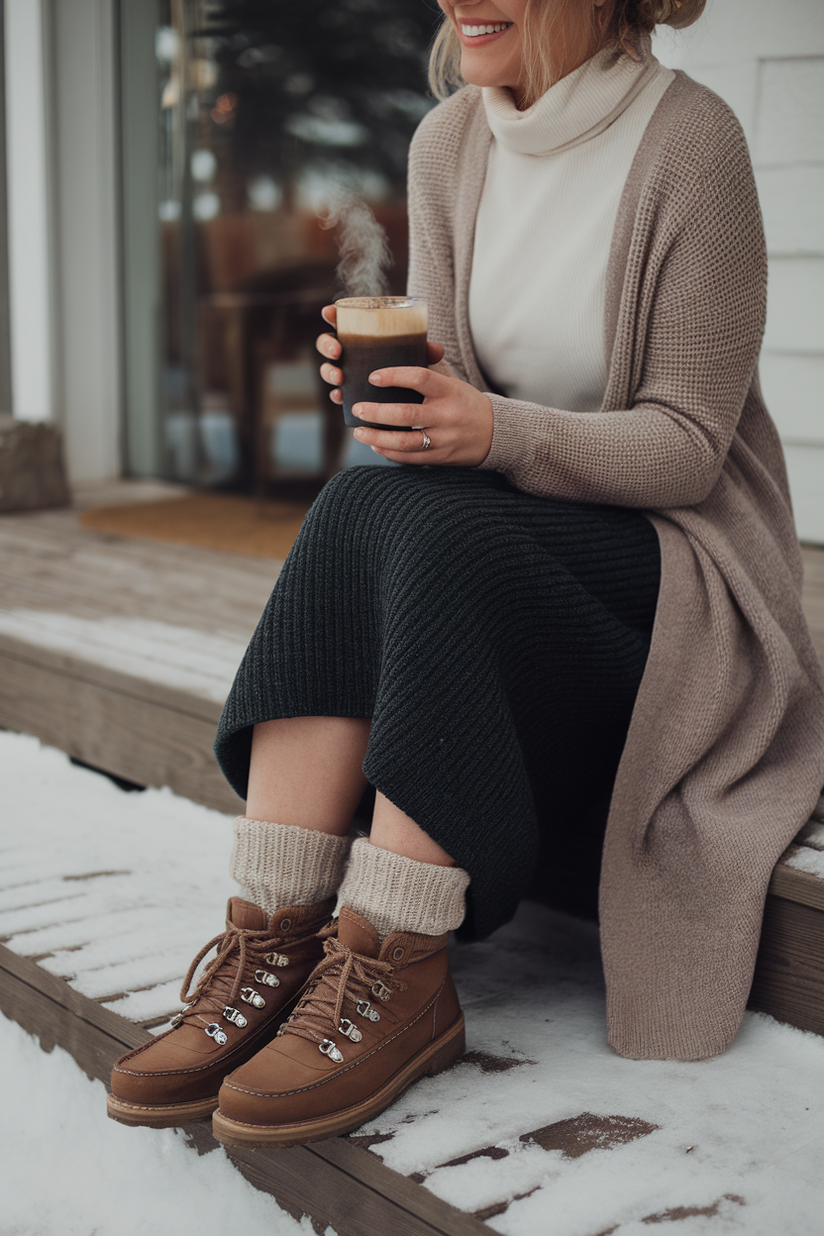 Brown lace-up boots styled with thick socks, a grey wool skirt, and a beige cardigan for a winter outfit.