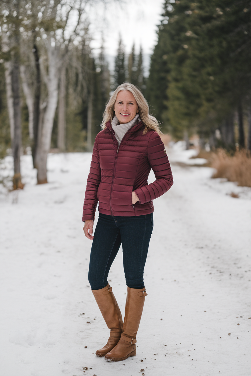 Chestnut brown leather boots styled with dark skinny jeans and a burgundy puffer jacket for a casual winter outfit.