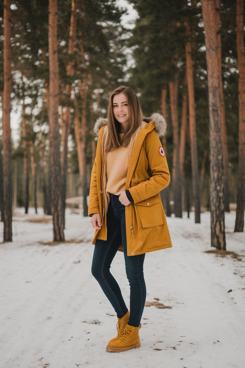 Yellow lace-up boots paired with skinny jeans and a mustard-yellow parka for a bright winter look.