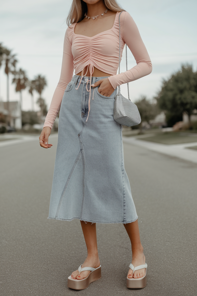 A modest 2000s outfit with a denim midi skirt, pink ruched top, and platform flip-flops on a suburban street.