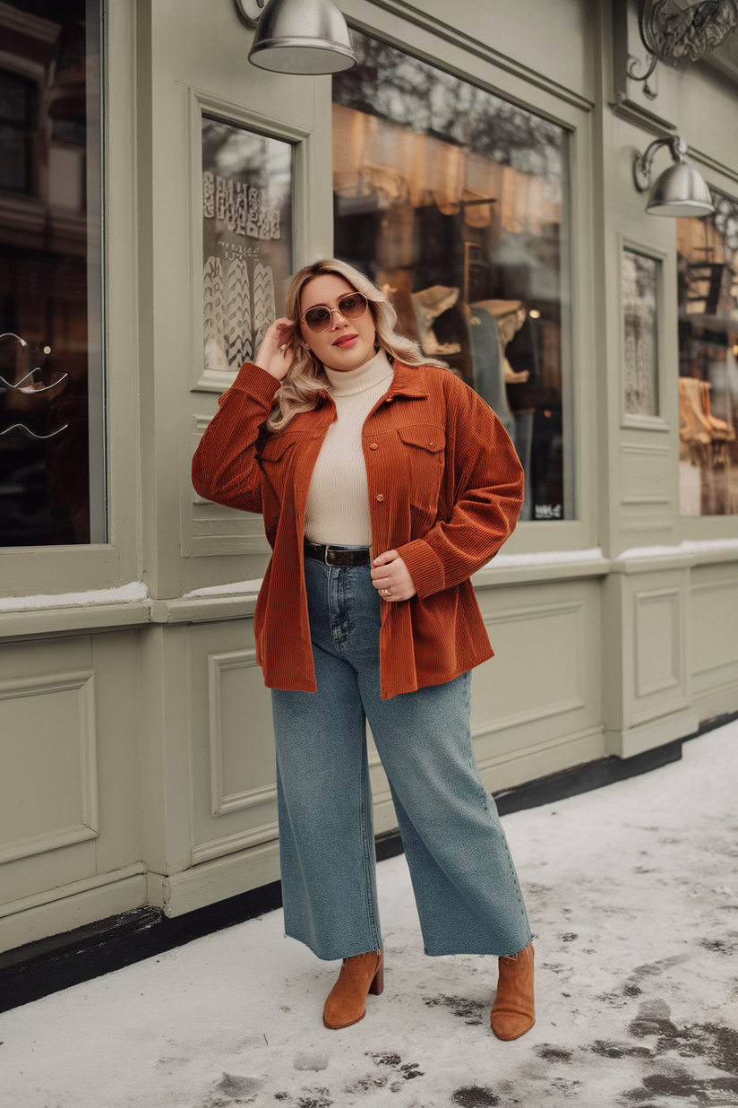 A plus-size woman in a rust-orange corduroy jacket, cream turtleneck, and wide-leg jeans for a 70s-inspired winter outfit.