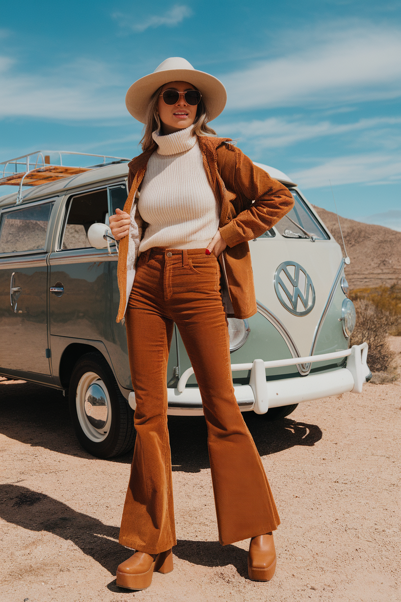 A woman in orange flared pants, a cream turtleneck, and brown platform shoes, standing by a VW van in a desert.