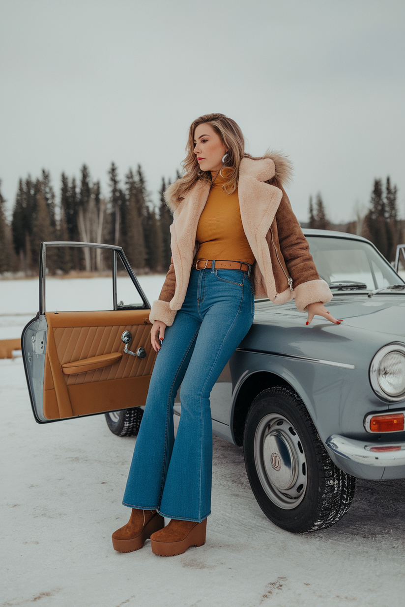 Woman in flared jeans, platform boots, and a mustard turtleneck with a fur-trimmed jacket near a retro car.