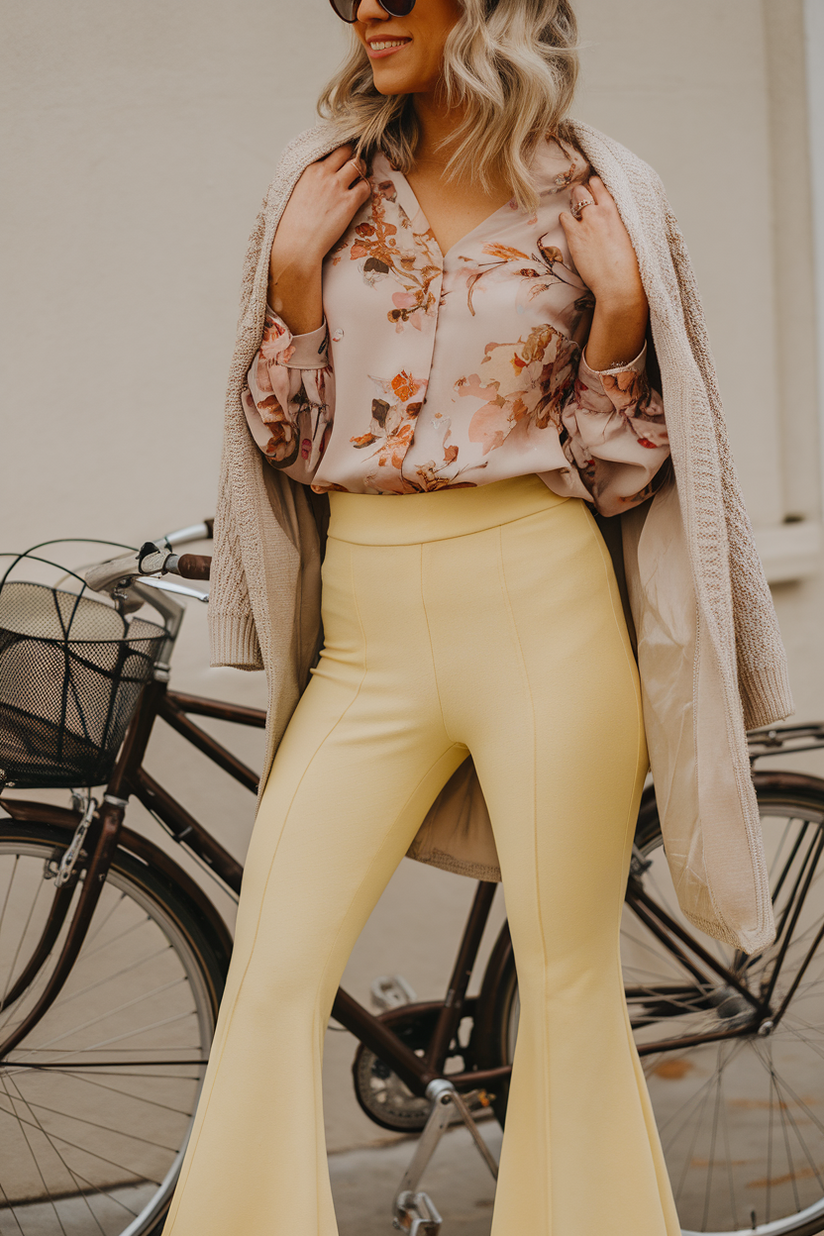 A soft girl outfit inspired by the 70s with flared yellow pants and a floral blouse in pink and orange, styled with a cardigan and round sunglasses.