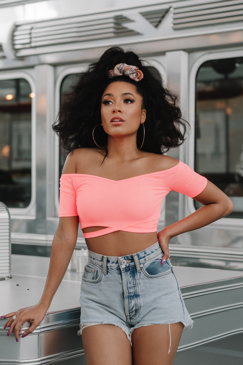 A woman in a neon pink crop top, high-waisted shorts, and purple heels, with voluminous hair and gold hoop earrings.