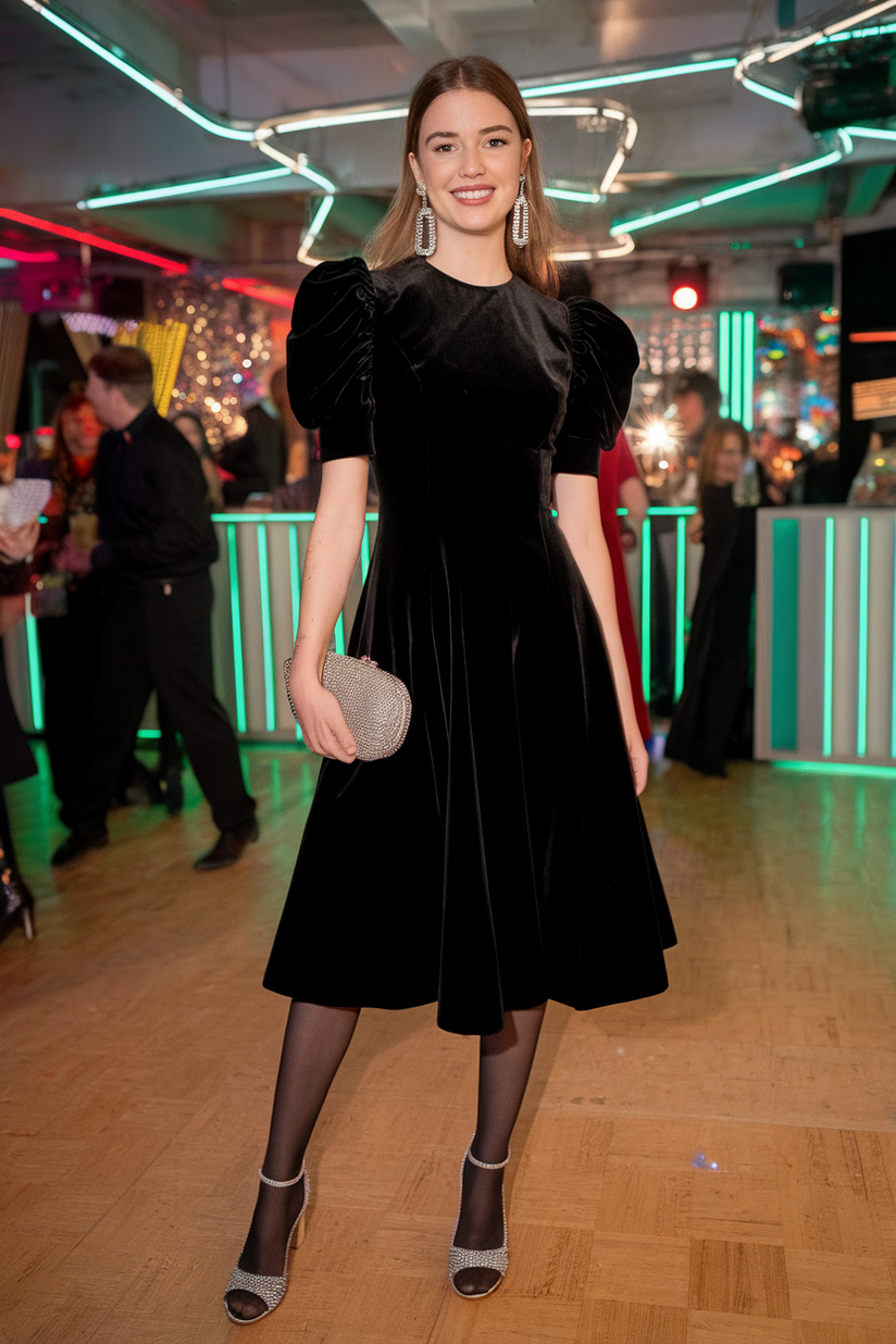 A modest black velvet puff-sleeve dress with tights and silver heels at an 80s-themed party.