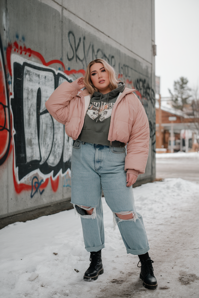 A plus-size woman in a cropped puffer jacket, baggy ripped jeans, and combat boots for a 90s-inspired winter look.