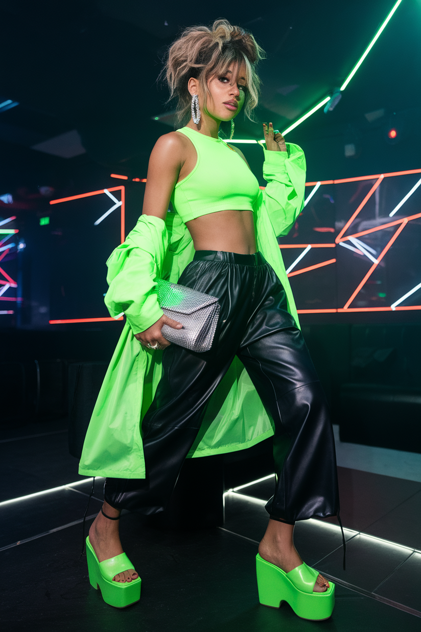 A woman in a neon green crop top and black leather pants, accessorized with platform sandals and a silver clutch.