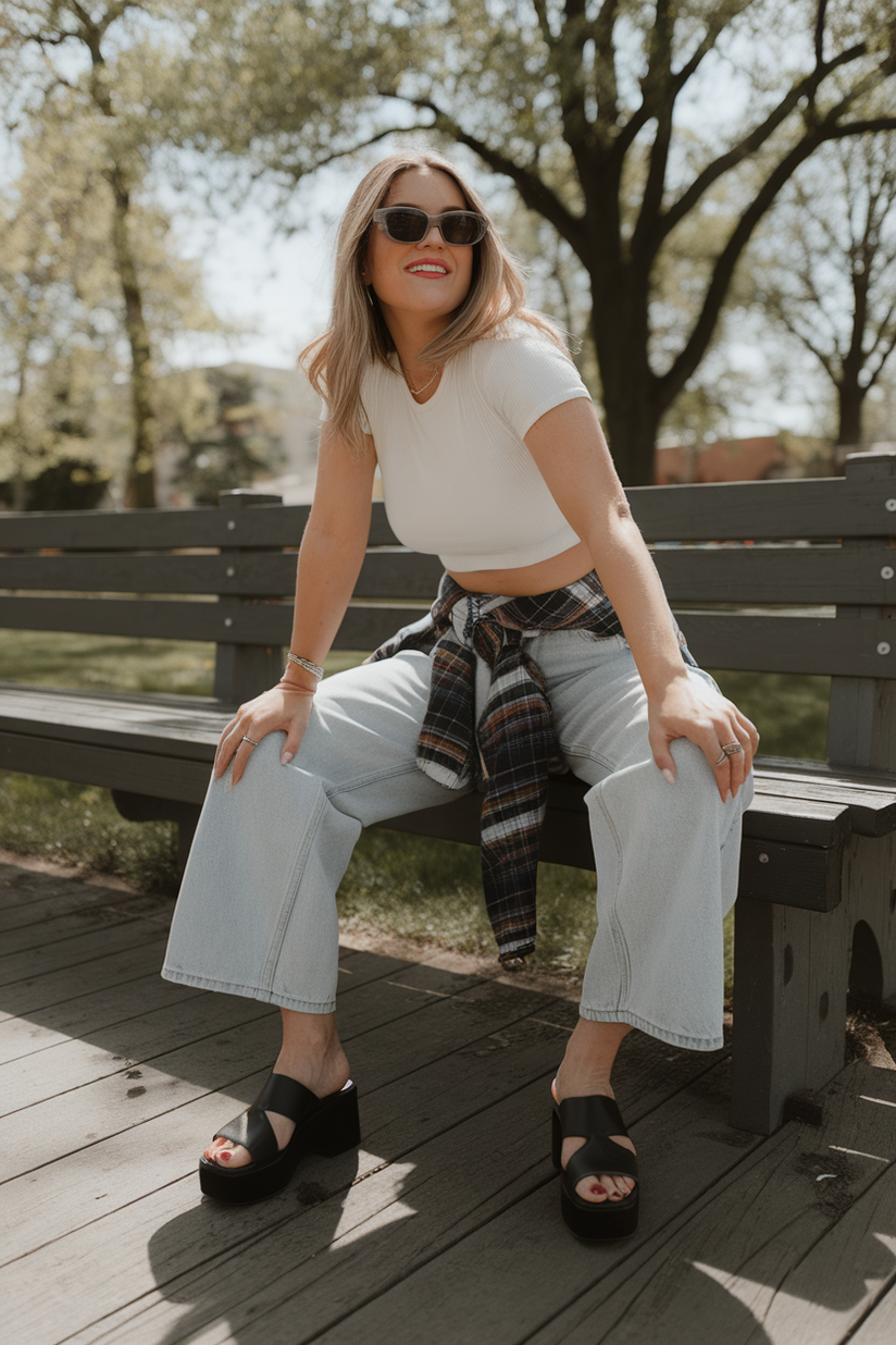 A woman in baggy jeans and a white baby tee, with a plaid flannel tied at her waist, sitting on a park bench.