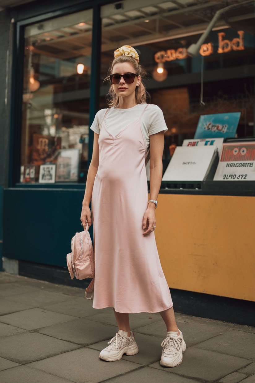 A 90s soft girl outfit with a pink slip dress layered over a white baby tee, styled with chunky sneakers and a scrunchie.