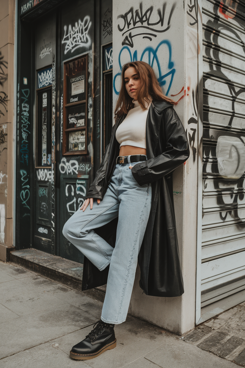 Woman in straight blue jeans, Doc Martens, and a white turtleneck with a leather trench coat in an urban scene.