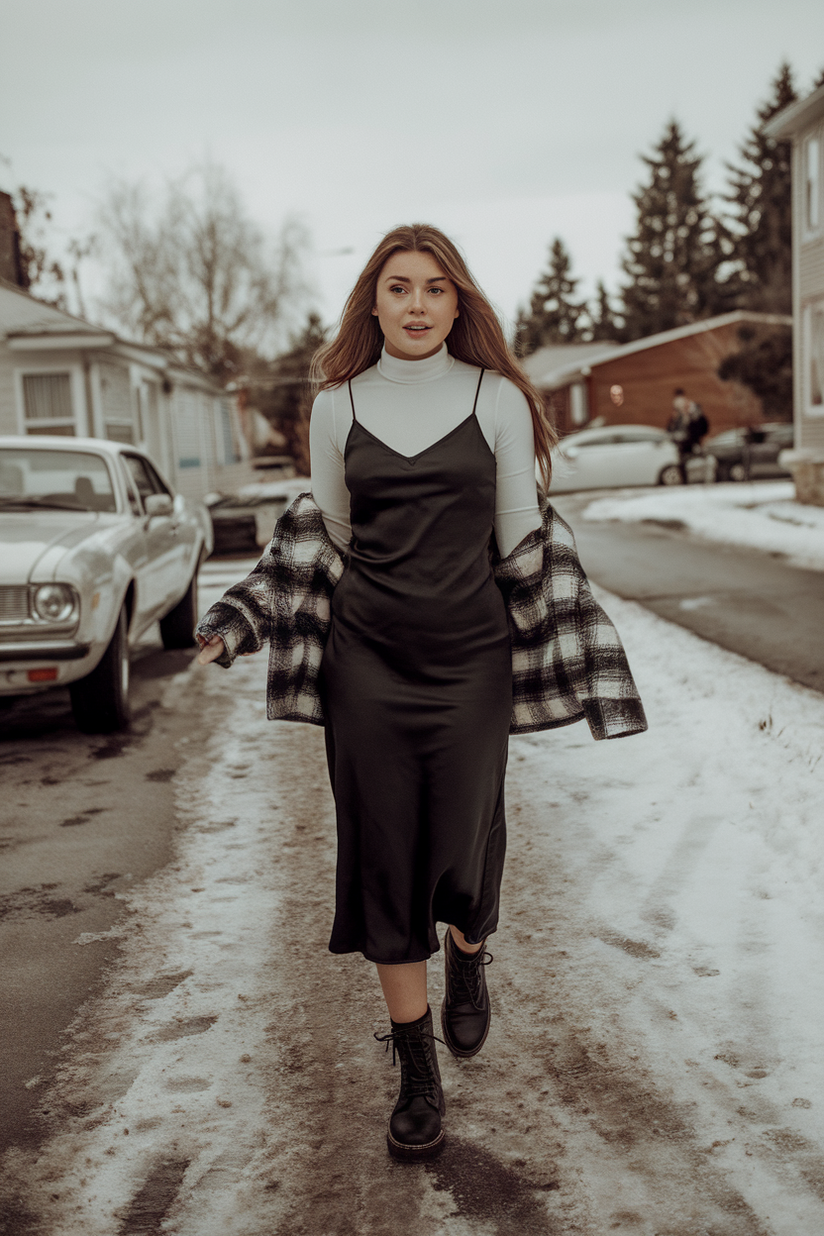 90s-inspired winter outfit with a black slip dress, plaid jacket, and combat boots.