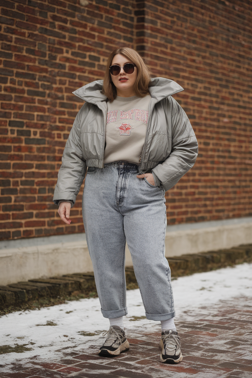 A plus-size woman in a cropped puffer jacket, high-waisted mom jeans, and sneakers for a 90s-inspired winter look.