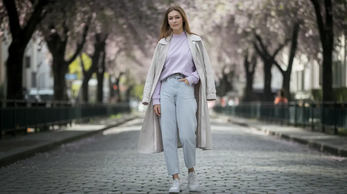 A young woman in a beige trench coat over a pastel lavender sweater, light blue jeans, and white sneakers, standing on a cobblestone street in early spring.