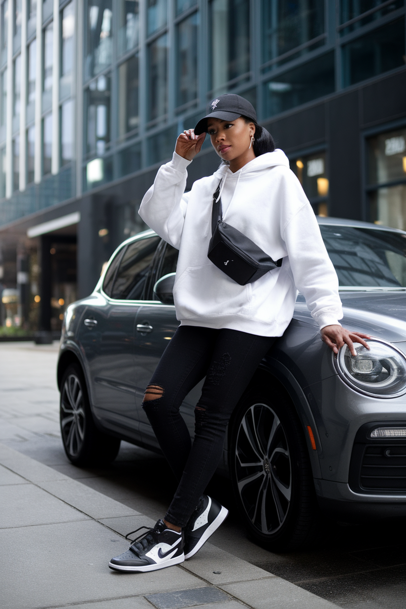 A woman in an oversized hoodie, ripped jeans, and Jordan 6 sneakers, with a baseball cap and black crossbody bag.