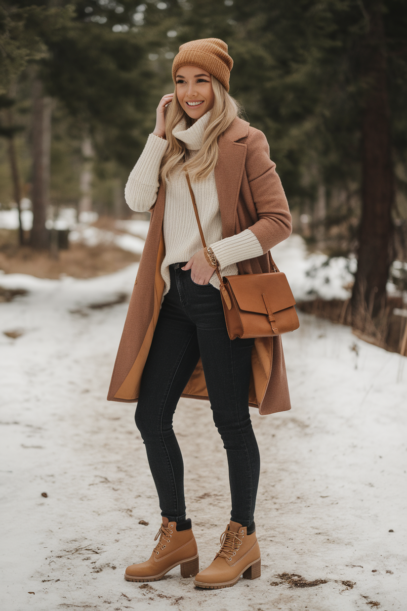 Tan Timberland-style heeled boots styled with dark-wash jeans and a cream sweater for winter.