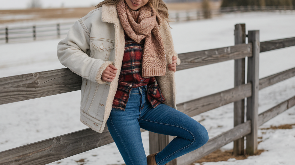 Blue jeans with a flannel shirt and denim jacket, styled casually for winter.