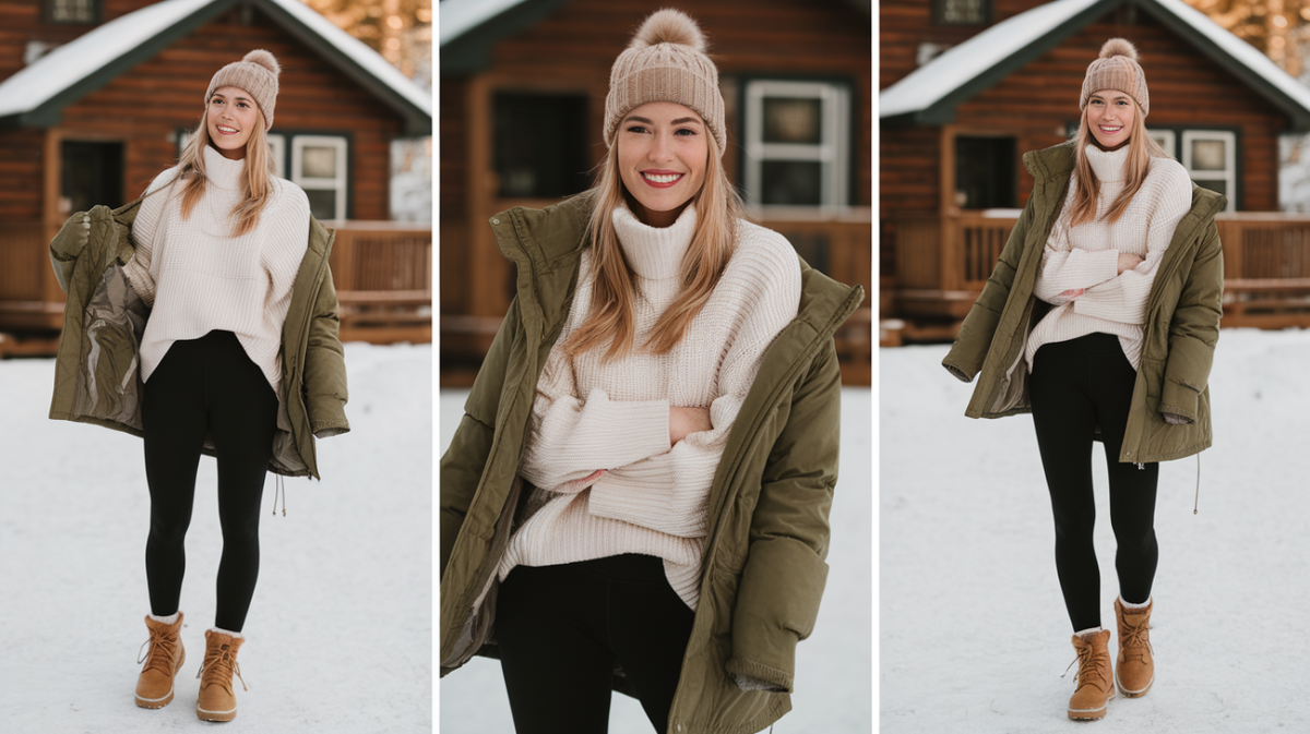 Black leggings with an oversized knit sweater and a puffer jacket, styled casually for winter.