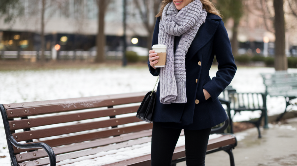 Navy peacoat with a gray knit scarf and black pants, styled for winter with a cozy appearance.