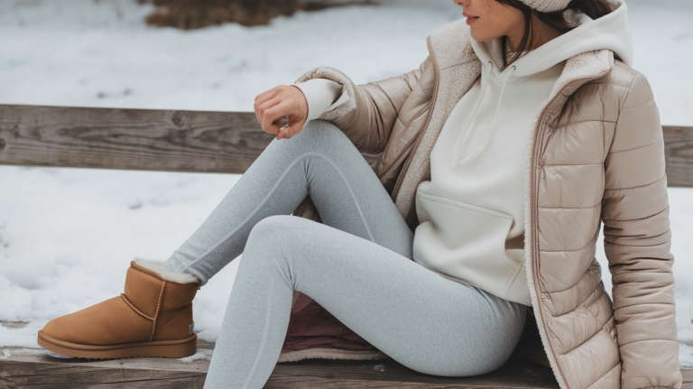 Light gray leggings with chestnut Ugg boots and a fleece-lined hoodie, styled for winter.