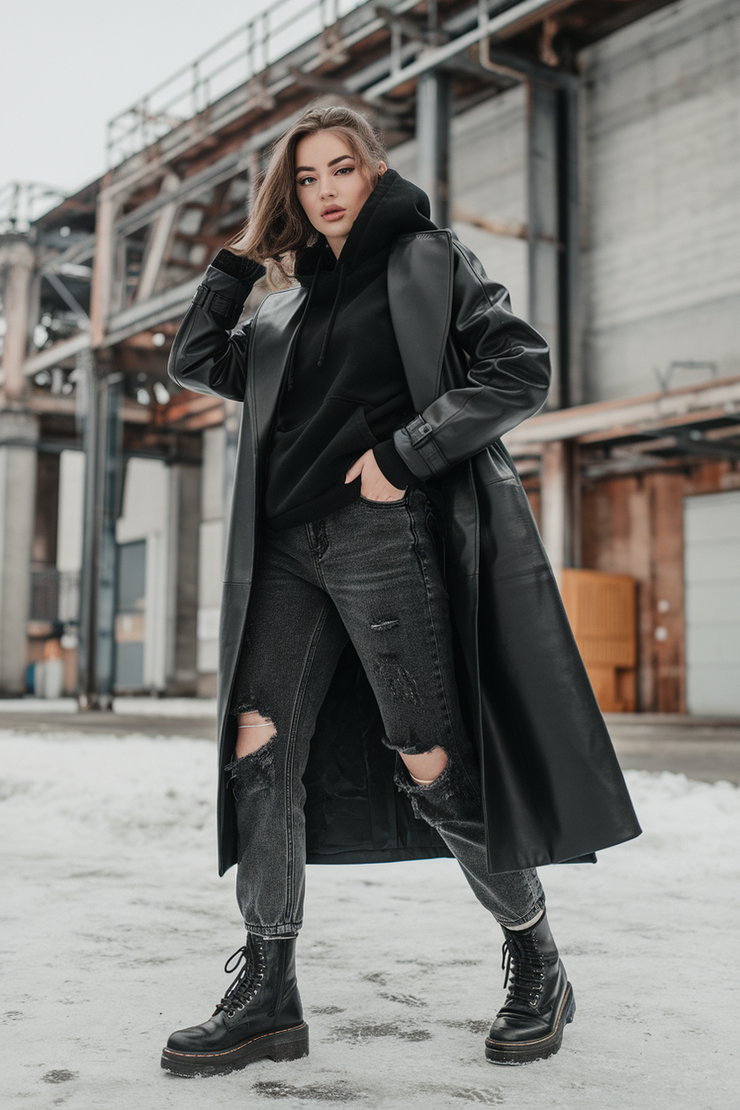 Woman in dark distressed jeans, combat boots, and an oversized hoodie with a leather trench coat in snow.