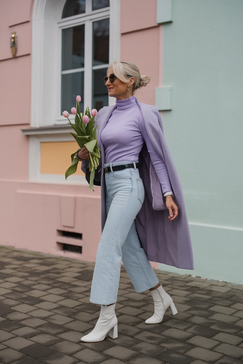 Woman in light blue jeans, lavender sweater, and white ankle boots holding tulips.