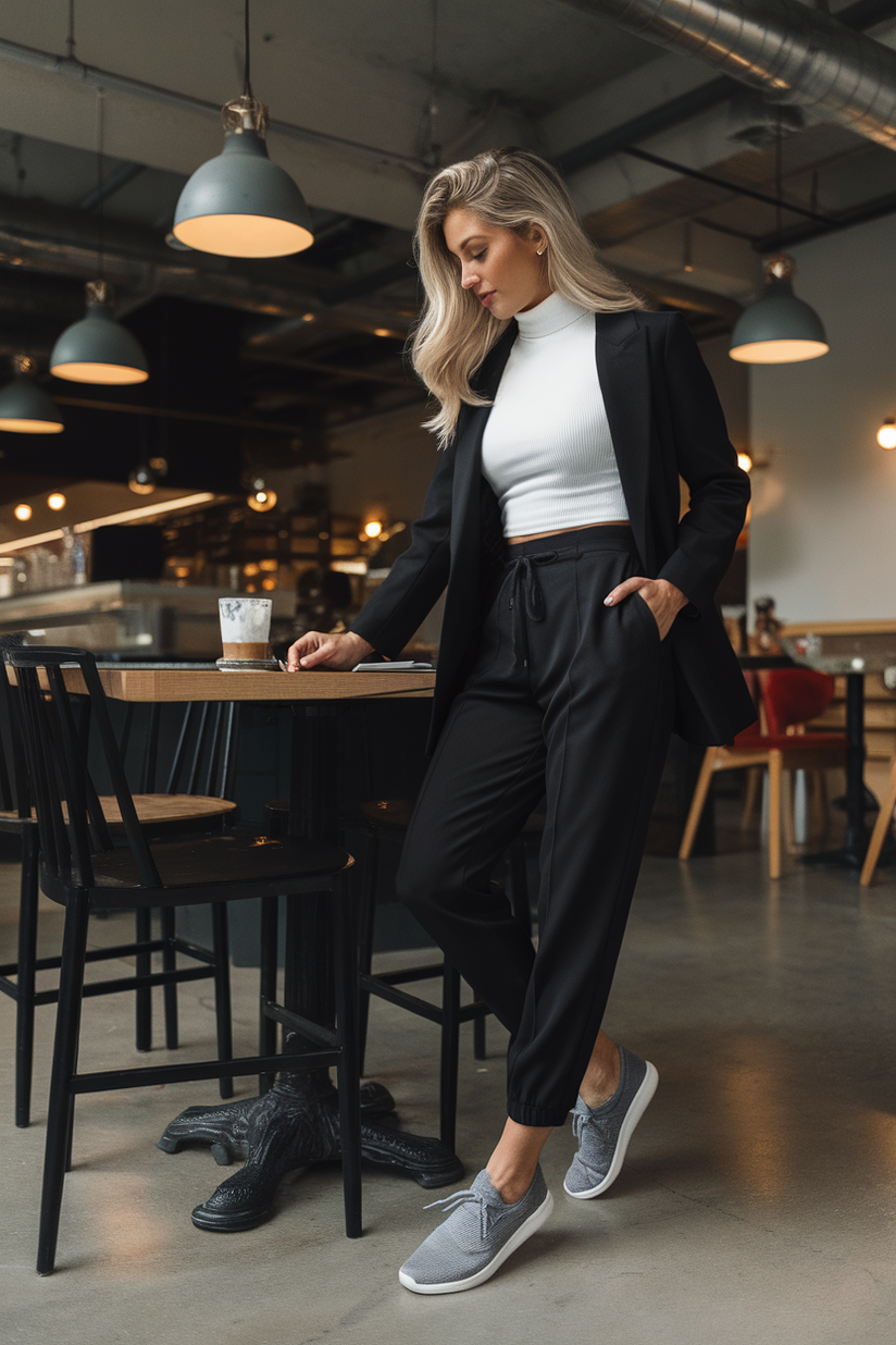 Black tailored joggers and a white turtleneck styled for athleisure spring work fashion.