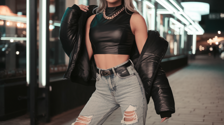 Woman in a black crop top, ripped jeans, and a puffer jacket with gold accessories, styled for a bold baddie look.