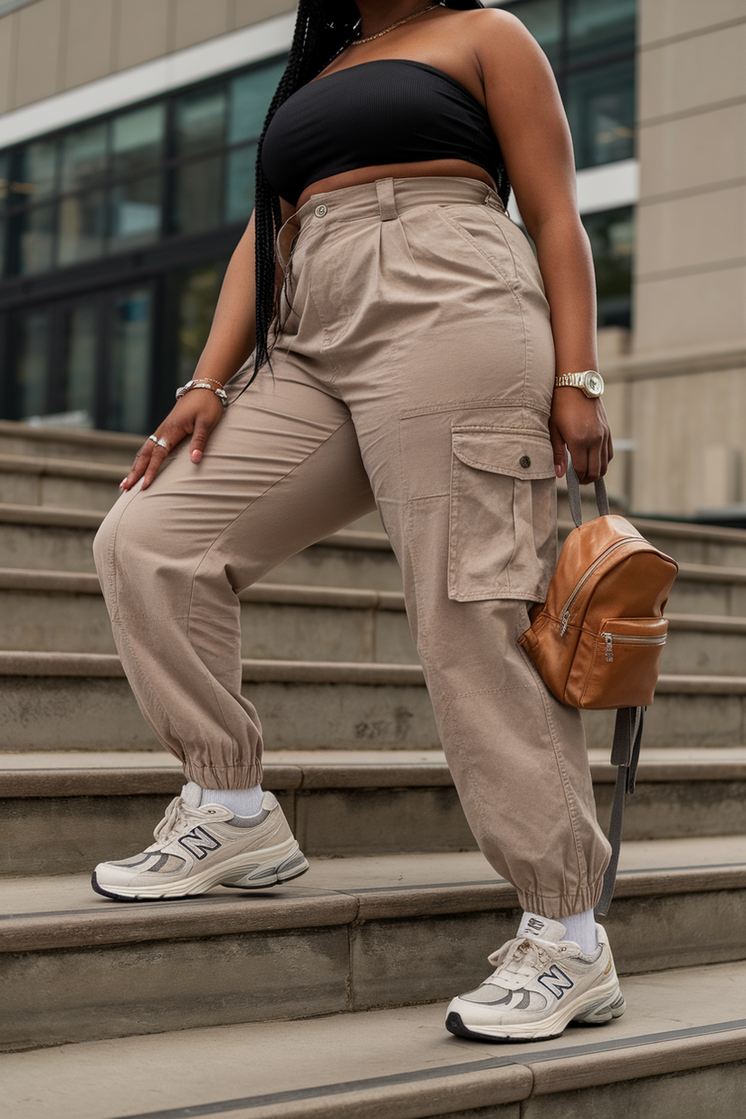 A woman wearing beige cargo pants, a black tube top, and white New Balance 9060 sneakers, styled with long braids.