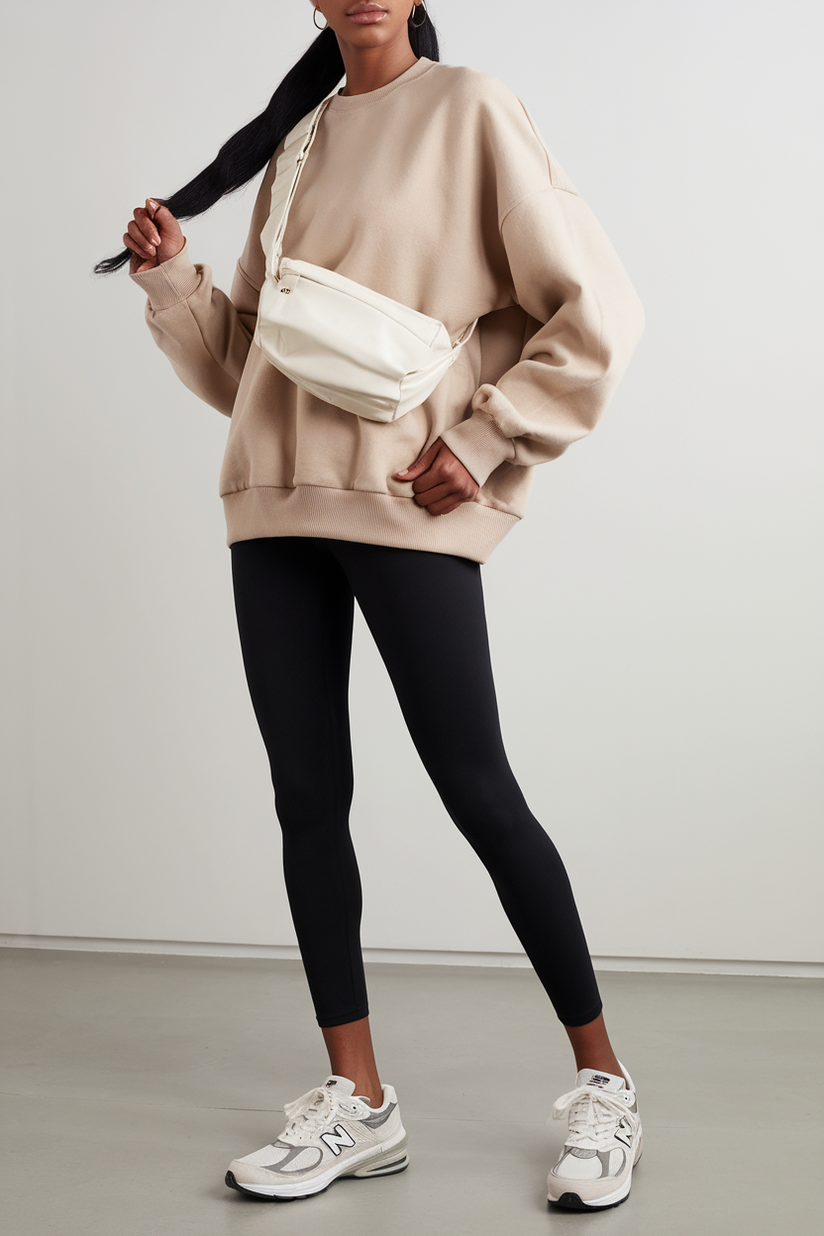 A woman in an oversized beige sweatshirt, black leggings, and white New Balance sneakers, with a crossbody bag.