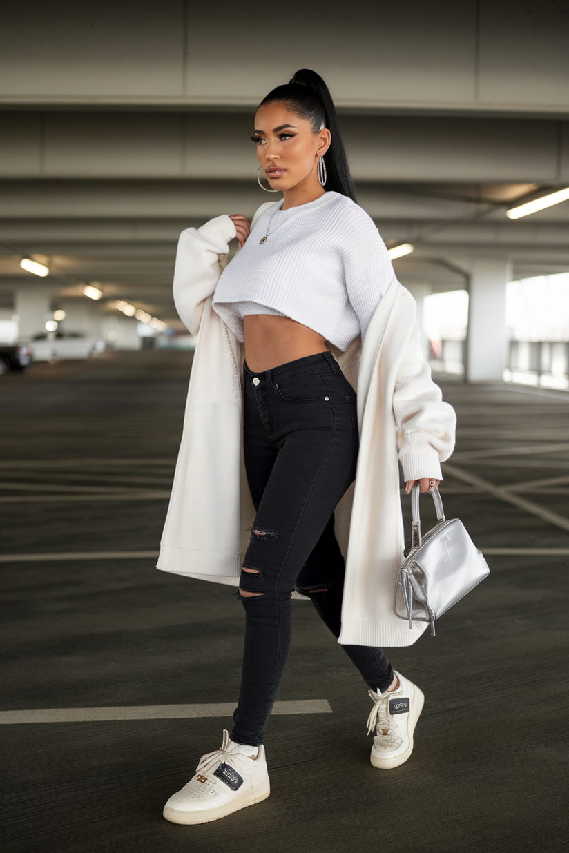 A woman in a cropped sweater, black skinny jeans, and Off-White sneakers with hoop earrings and a silver bag.