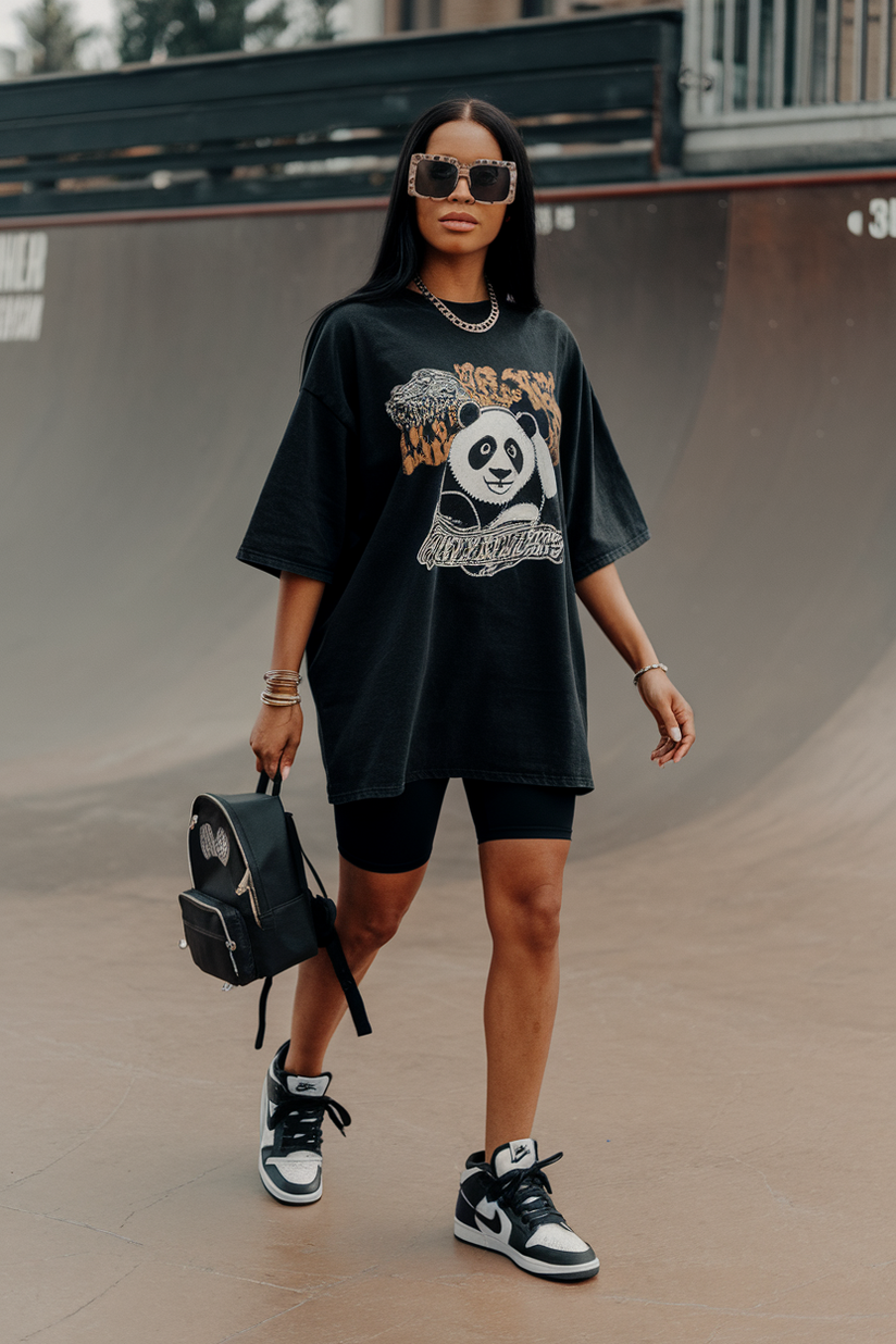 A woman wearing a graphic tee, biker shorts, and Panda Dunks, styled with a black backpack and sunglasses.