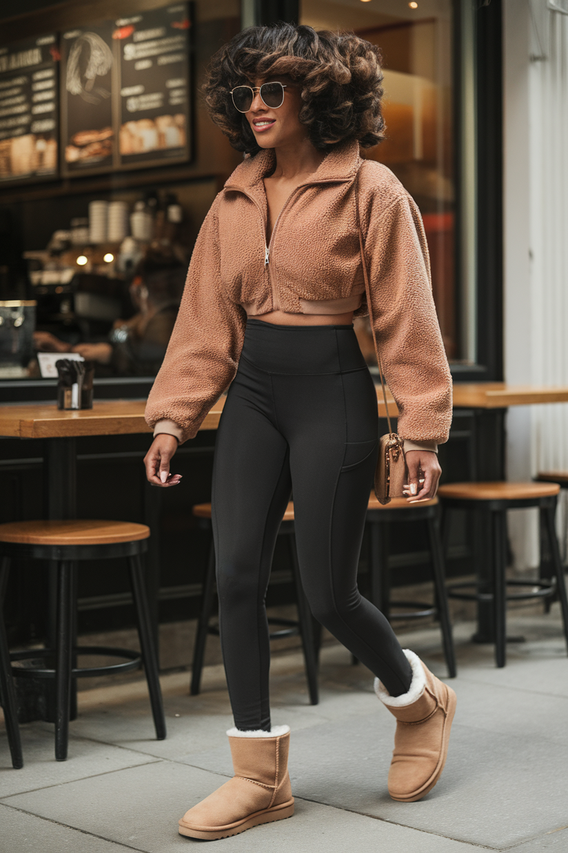 A woman in black leggings, a brown teddy jacket, and tan Ugg boots, styled with a crossbody bag.