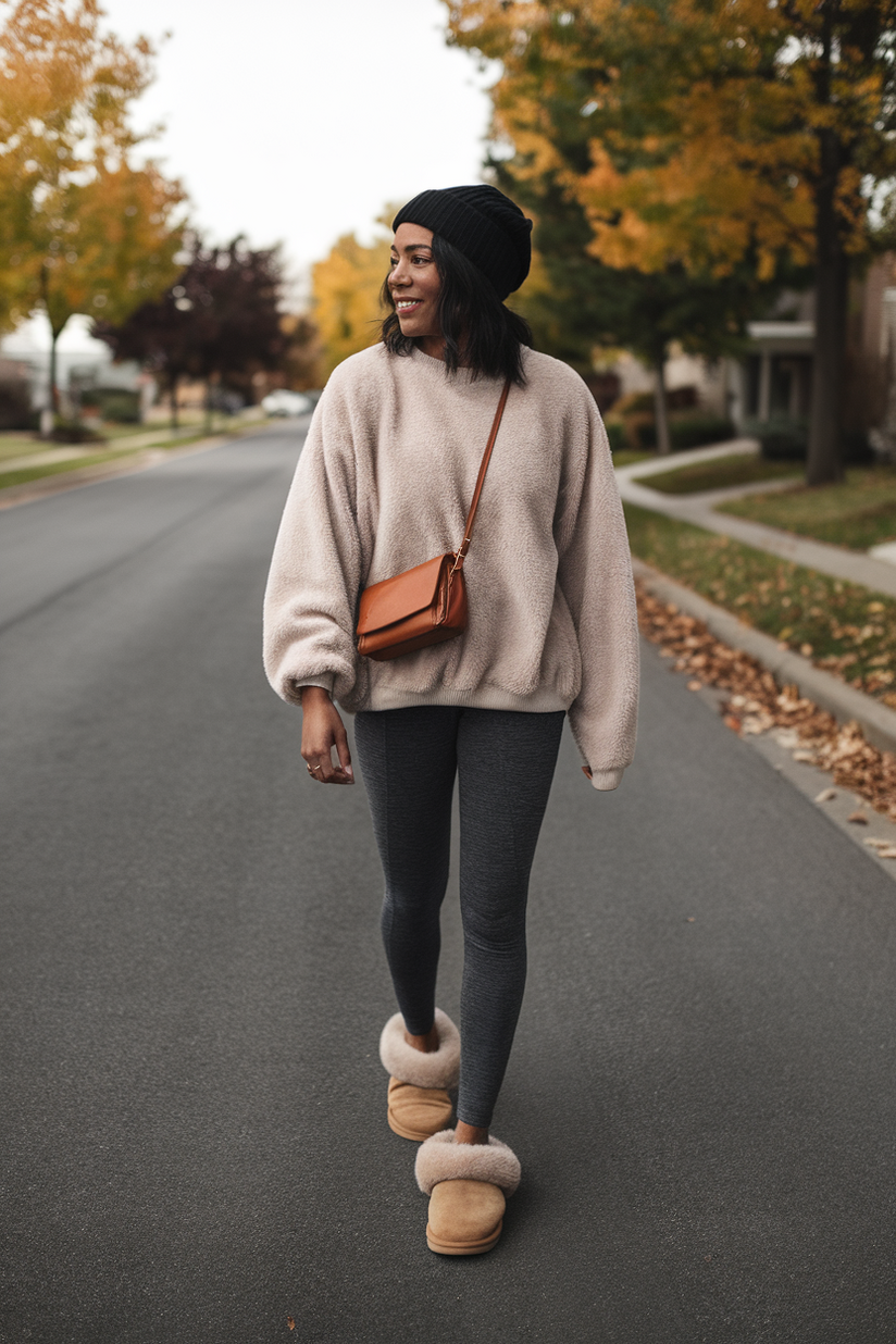 A woman in an oversized sweater, grey leggings, and tan Ugg slippers, with a black beanie and leather bag.