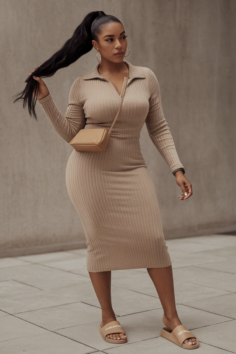 A woman in a beige ribbed midi dress and tan Yeezy slides, accessorized with gold hoops and a crossbody bag.