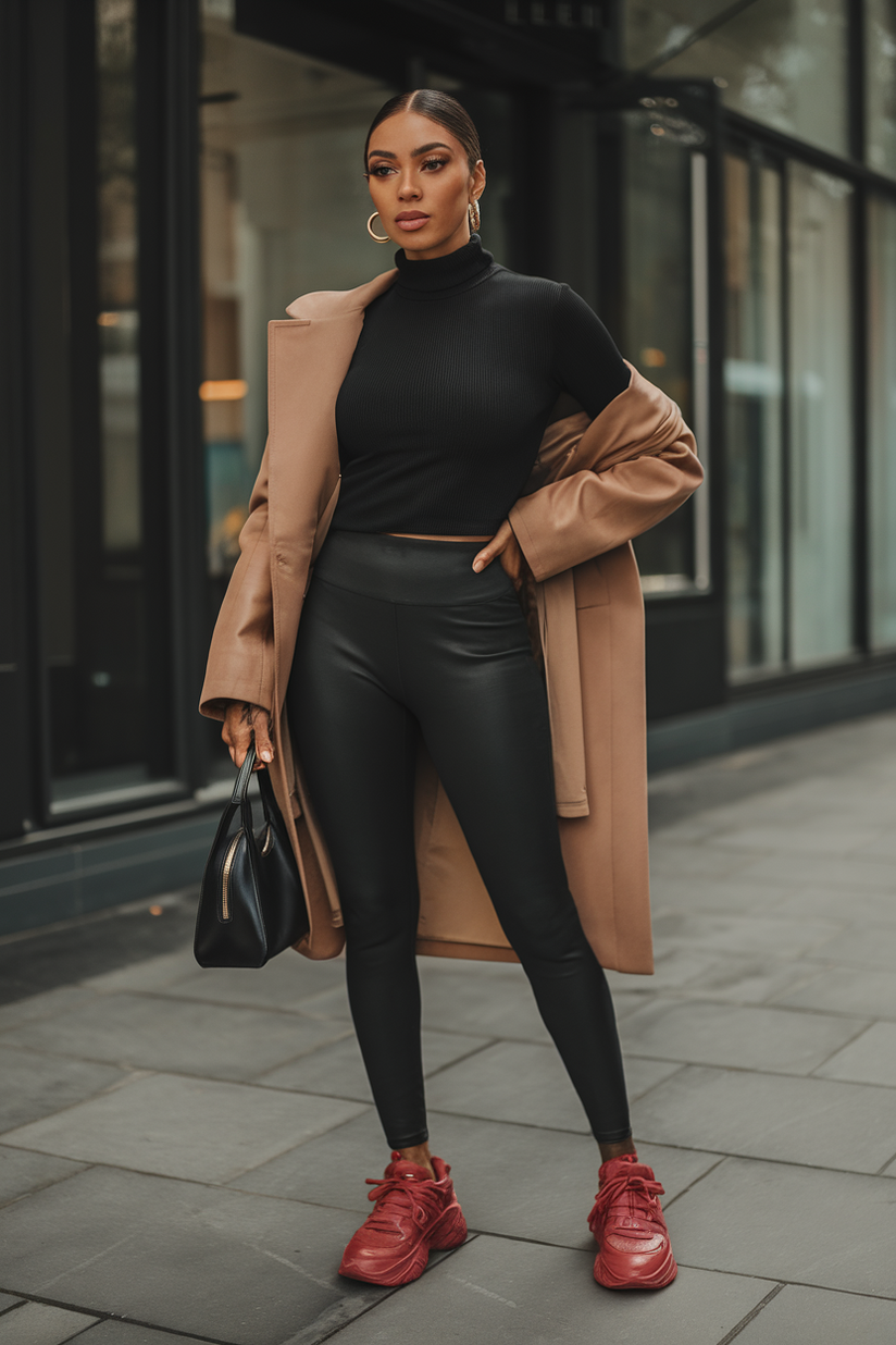 A woman in a black turtleneck, leggings, and red chunky sneakers, with a black handbag and gold hoop earrings.