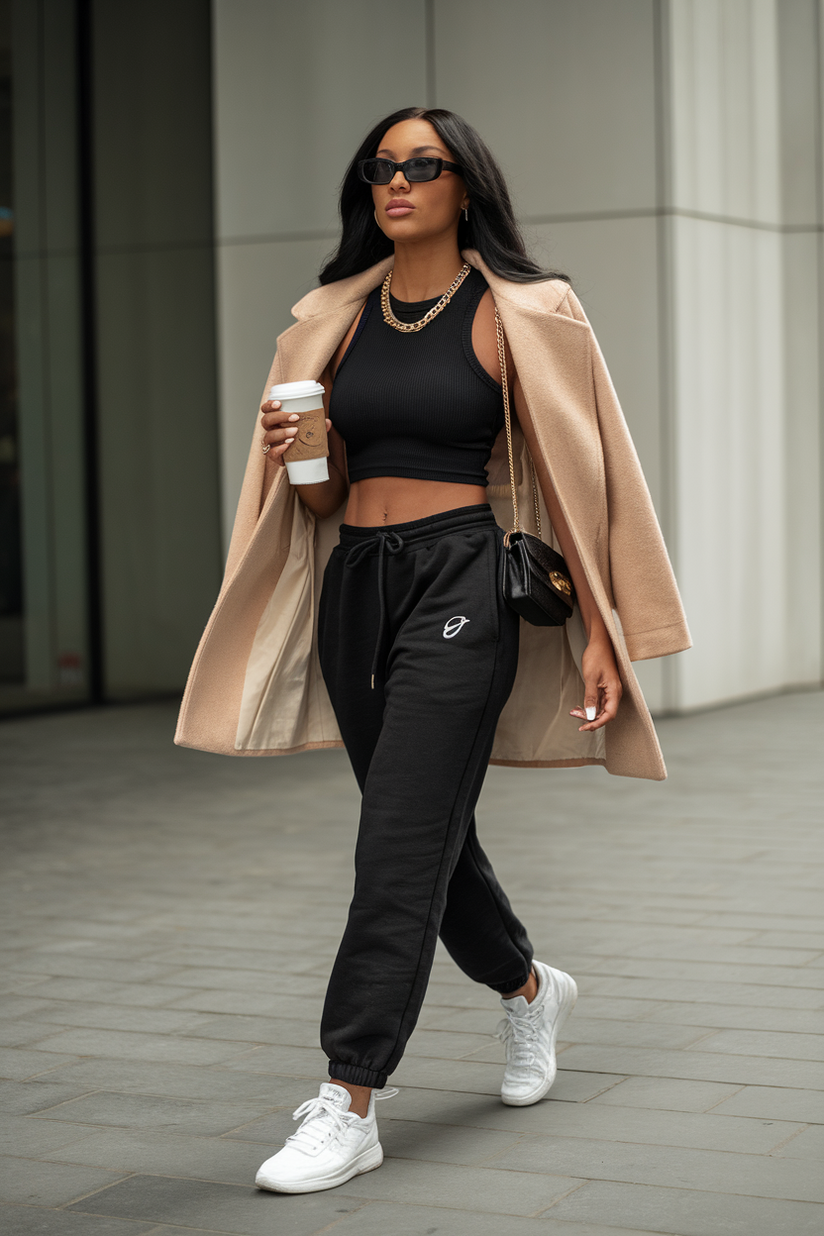 A woman in black sweatpants, a black cropped tank, and white sneakers, accessorized with gold chains and a purse.