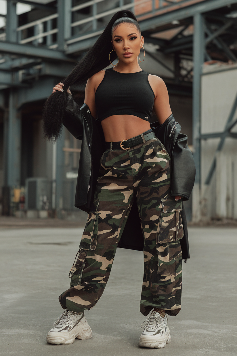 A woman in camo cargo pants, a black crop top, and white sneakers, accessorized with gold hoop earrings.