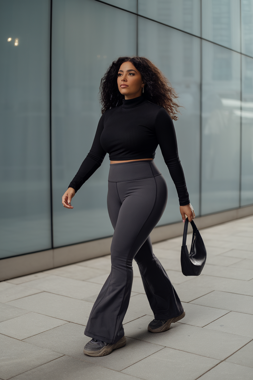 A woman in a black turtleneck and dark grey flared leggings, styled with chunky sneakers and a sleek bag.