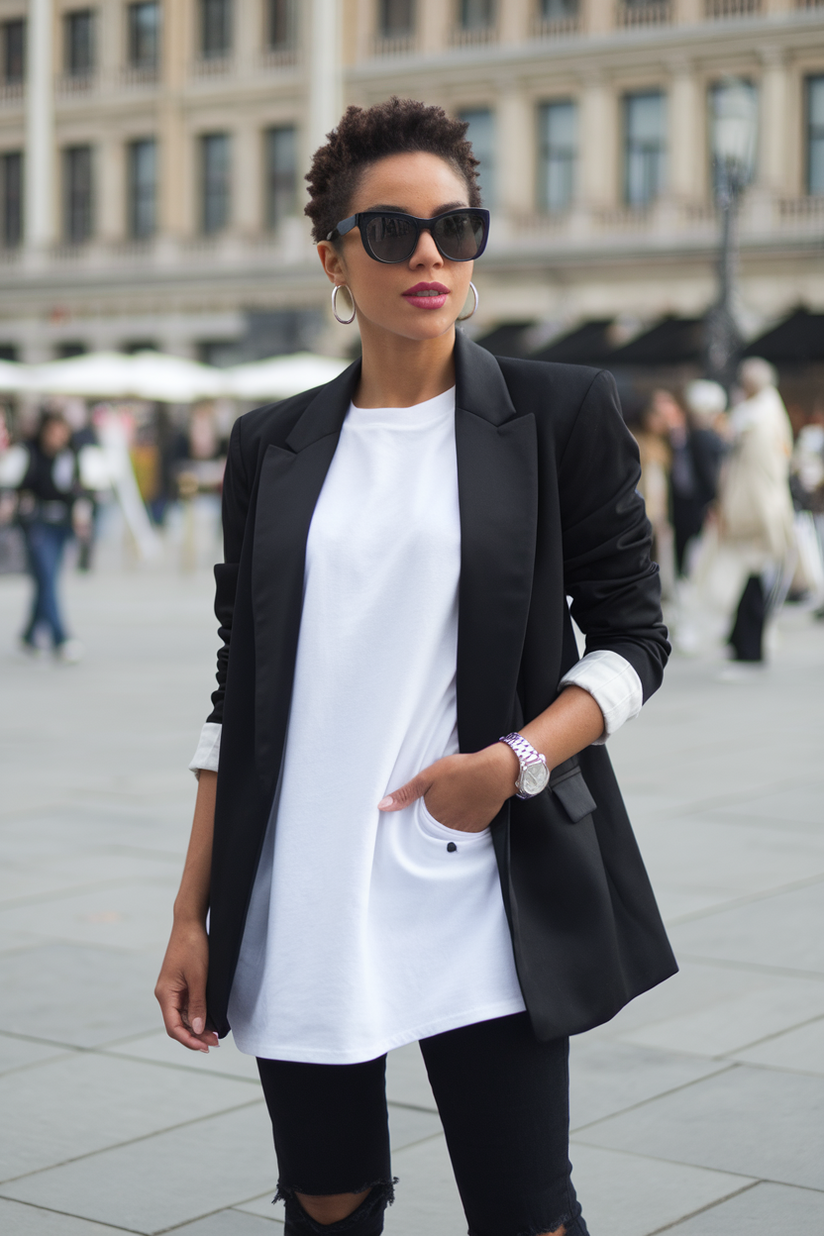 A woman in a black blazer, white tee, and ripped jeans, accessorized with black sunglasses and silver watch.