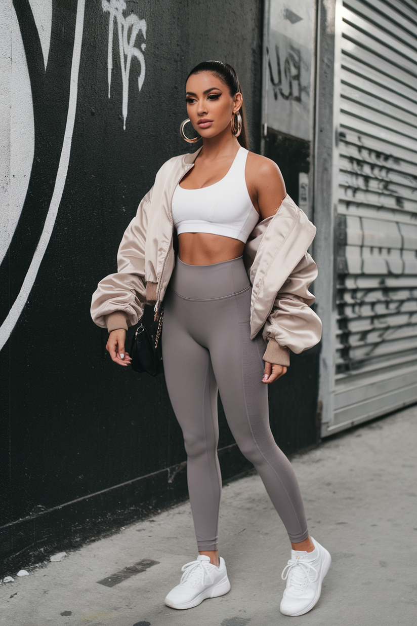 A woman in grey leggings, a white sports bra, and a beige bomber jacket, accessorized with hoop earrings.