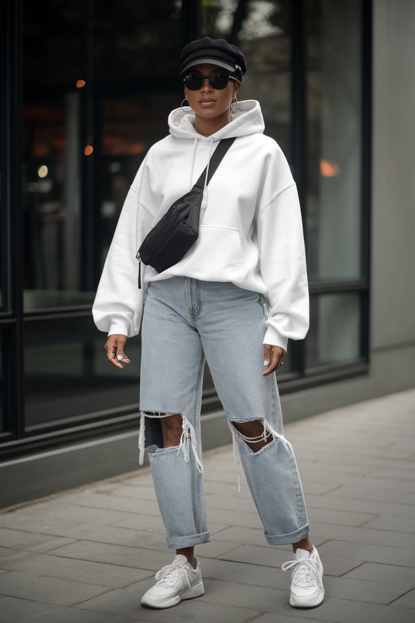 A woman in a white hoodie, ripped jeans, and a black ball cap, styled with white sneakers and a black purse.