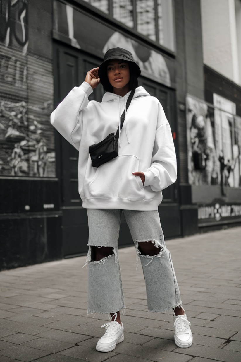 A woman in a white oversized hoodie, ripped jeans, and a black bucket hat, with white sneakers and a black purse.