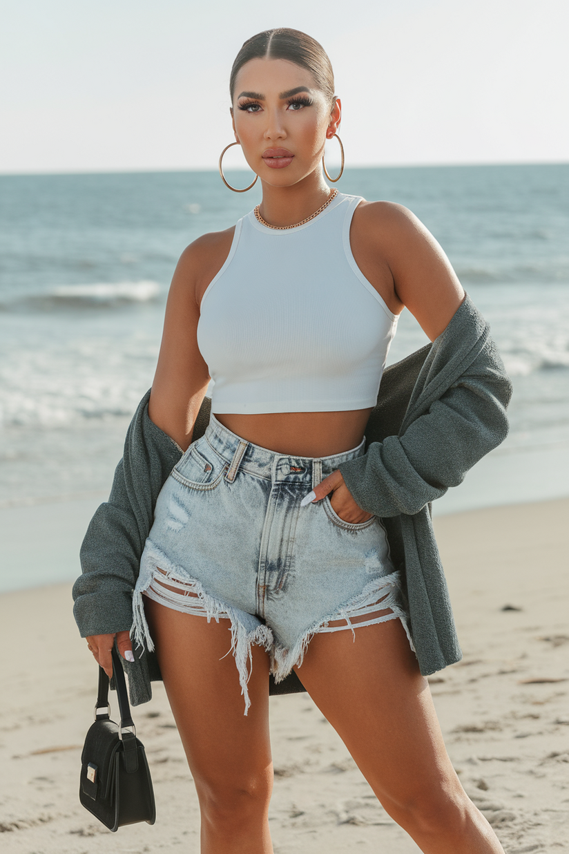 A woman in a white tank top and distressed denim shorts, with gold hoop earrings and black sandals.